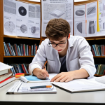 **A textile engineering student studying diligently, surrounded by books and notes, with a focus on smart textiles and sustainable production diagrams. The scene conveys focused study and preparation for exams.**
