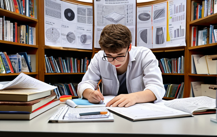 **A textile engineering student studying diligently, surrounded by books and notes, with a focus on smart textiles and sustainable production diagrams. The scene conveys focused study and preparation for exams.**