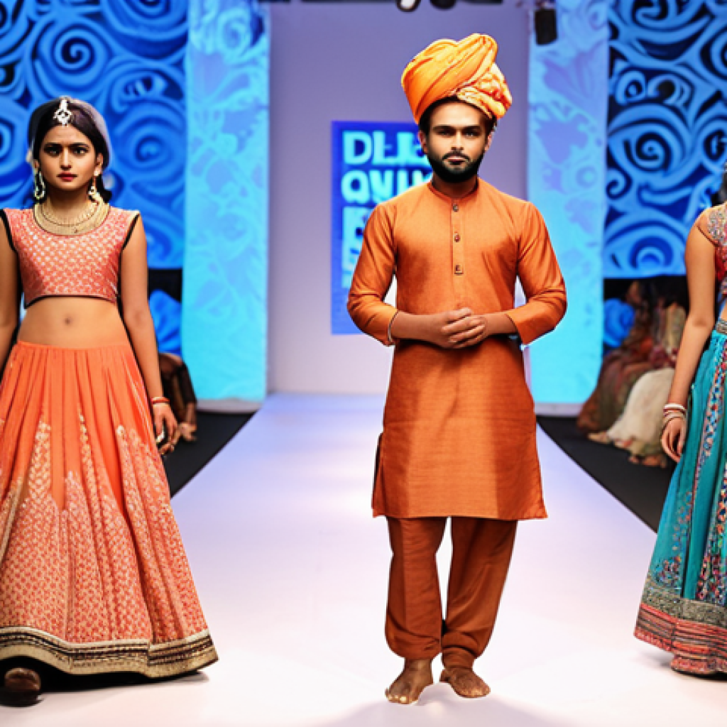 **Image Prompt:** A vibrant fashion show scene in Dhaka, Bangladesh. Focus on a young, confident Bangladeshi fashion designer showcasing their unique clothing line. The designs should blend traditional Bangladeshi fabrics and motifs with modern silhouettes. The overall atmosphere should be energetic and celebrate creativity.