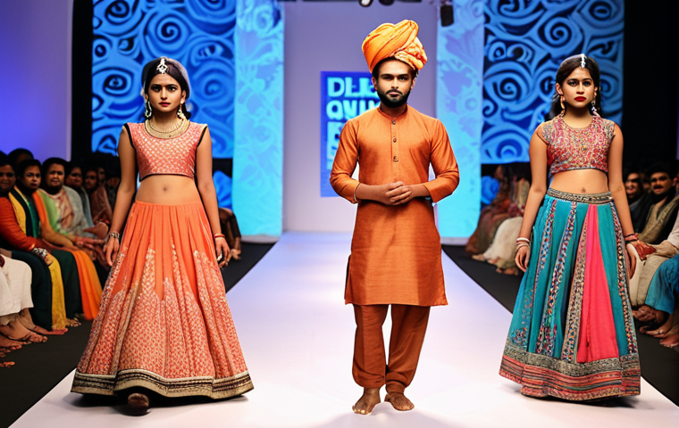 **Image Prompt:** A vibrant fashion show scene in Dhaka, Bangladesh. Focus on a young, confident Bangladeshi fashion designer showcasing their unique clothing line. The designs should blend traditional Bangladeshi fabrics and motifs with modern silhouettes. The overall atmosphere should be energetic and celebrate creativity.