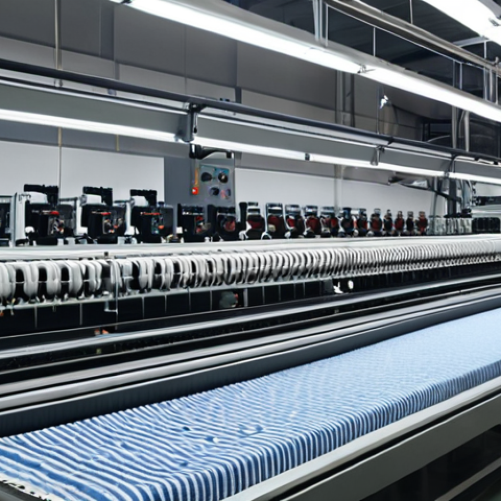 **

A modern textile factory interior, showing advanced machinery and AI-controlled systems for fabric production. Focus on automation and efficiency.

**