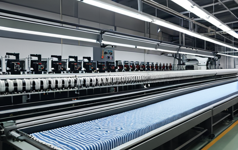 **

A modern textile factory interior, showing advanced machinery and AI-controlled systems for fabric production. Focus on automation and efficiency.

**