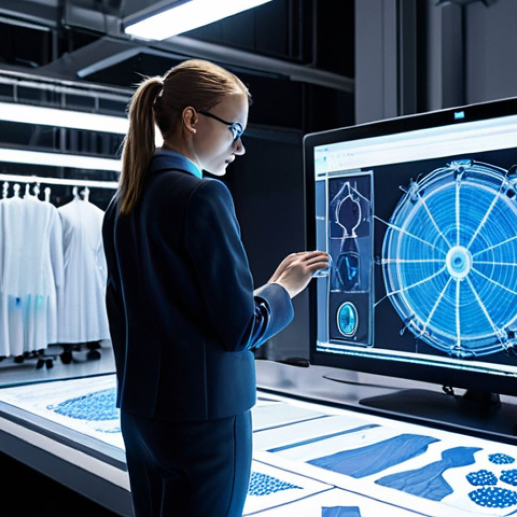 "A futuristic textile factory floor or R&D lab, brightly lit and showcasing advanced technology. In the foreground, a textile engineer, male or female, in modern professional attire, interacts with a holographic interface displaying complex data related to smart textiles. In the background, robotic arms precisely handle delicate fabrics, possibly embedded with glowing sensors, while 3D printers are actively producing intricate textile structures. The scene emphasizes innovation, precision, AI-driven processes, and high-tech materials, with a clean and sophisticated aesthetic."