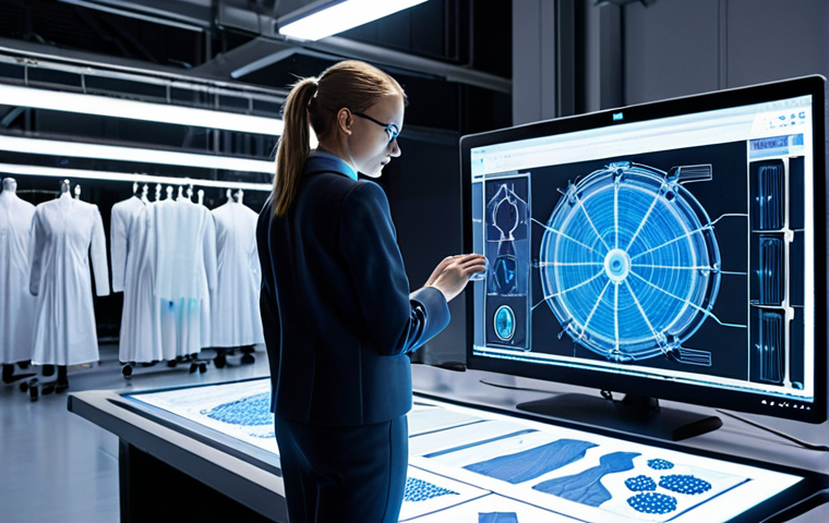 "A futuristic textile factory floor or R&D lab, brightly lit and showcasing advanced technology. In the foreground, a textile engineer, male or female, in modern professional attire, interacts with a holographic interface displaying complex data related to smart textiles. In the background, robotic arms precisely handle delicate fabrics, possibly embedded with glowing sensors, while 3D printers are actively producing intricate textile structures. The scene emphasizes innovation, precision, AI-driven processes, and high-tech materials, with a clean and sophisticated aesthetic."