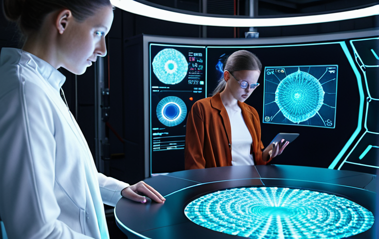"A futuristic textile research lab. Diverse engineers interact with glowing smart fabrics, holographic displays showing complex material structures, and automated, eco-friendly textile machinery. Emphasize wearable technology, sustainable fibers, and AI integration. Vibrant colors, high detail, sci-fi aesthetic, innovation, circular economy."