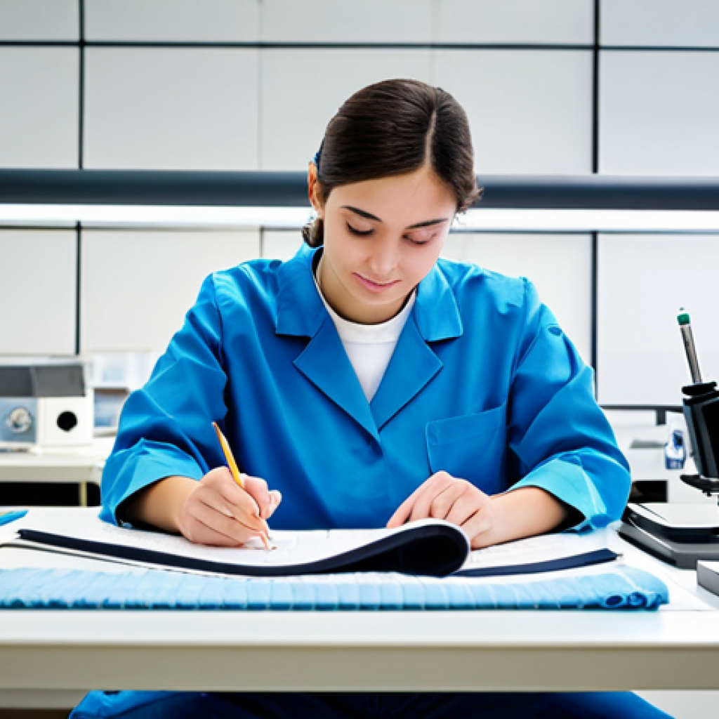 Textile Engineering Student**

"A bright and engaged textile engineering student, fully clothed in appropriate attire, studying fabric samples at a well-lit laboratory table with various textile tools and materials, safe for work, perfect anatomy, correct proportions, professional, modest, educational setting."

**