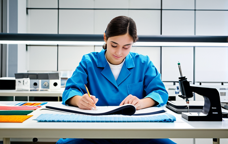 Textile Engineering Student**
"A bright and engaged textile engineering student, fully clothed in appropriate attire, studying fabric samples at a well-lit laboratory table with various textile tools and materials, safe for work, perfect anatomy, correct proportions, professional, modest, educational setting."
**