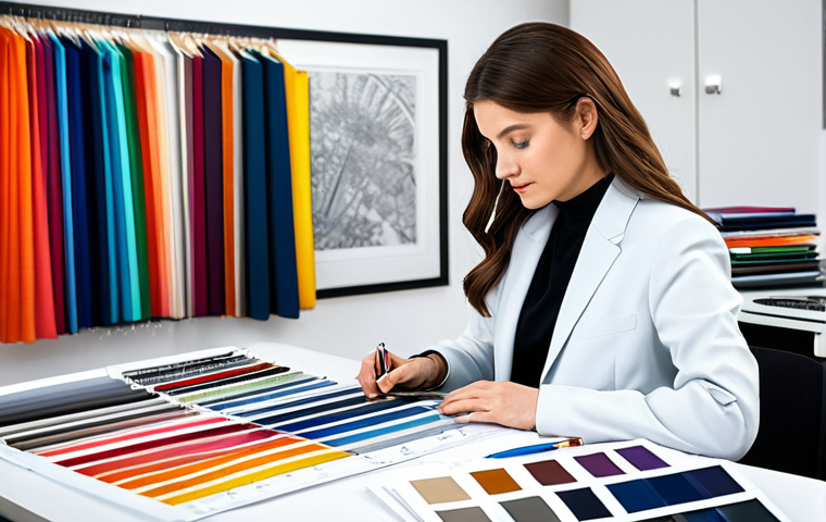 Textile Design and Color Harmony**

A textile engineer in a bright, modern design studio, surrounded by colorful fabric swatches and design sketches, fully clothed in professional attire, focusing on color palettes, perfect anatomy, natural proportions, safe for work, appropriate content, professional, modest clothing.

**