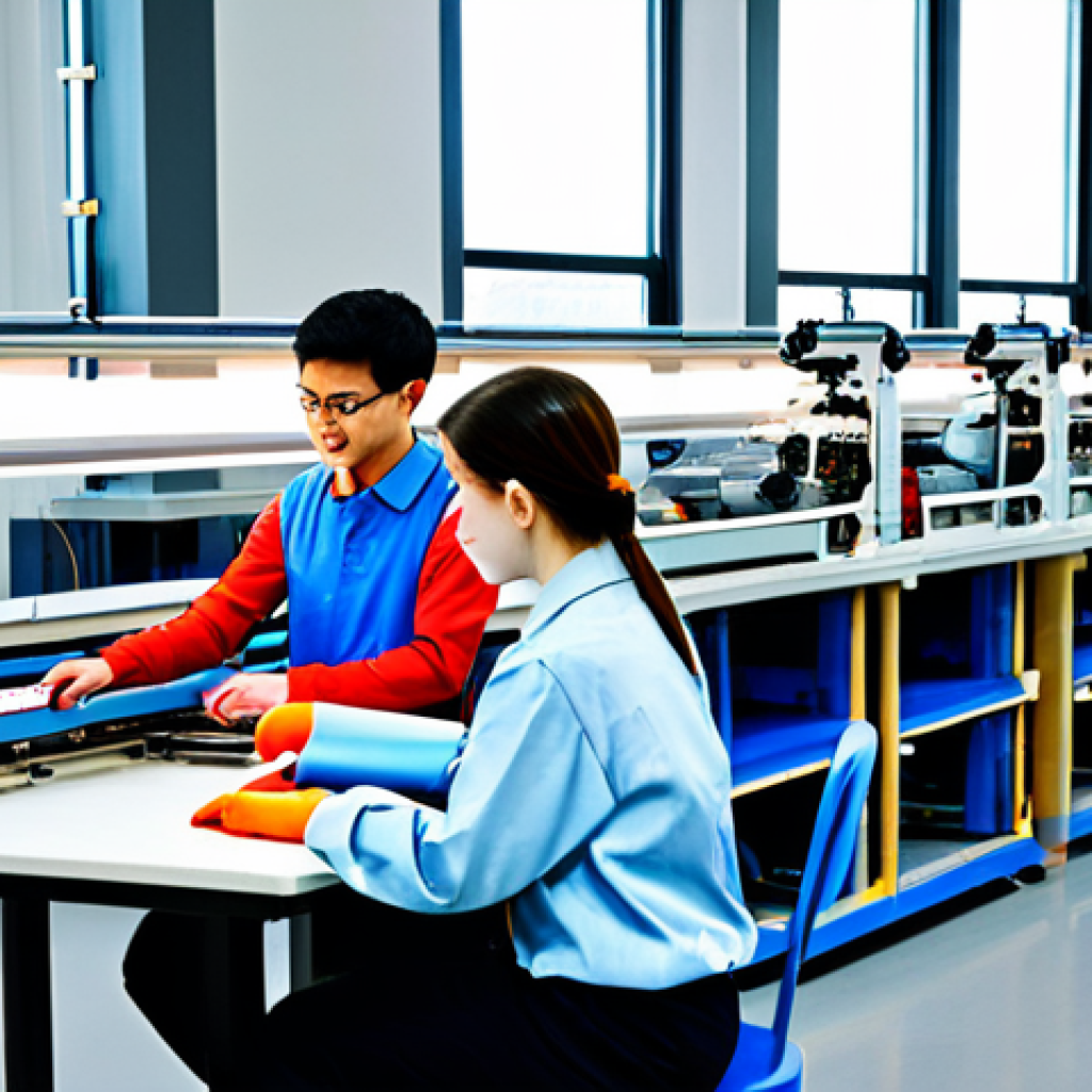 섬유기사와 실기시험 대비 성공 사례 - "A bright and modern textile engineering lab at Fiber Gigatech Institute, fully clothed students wor...