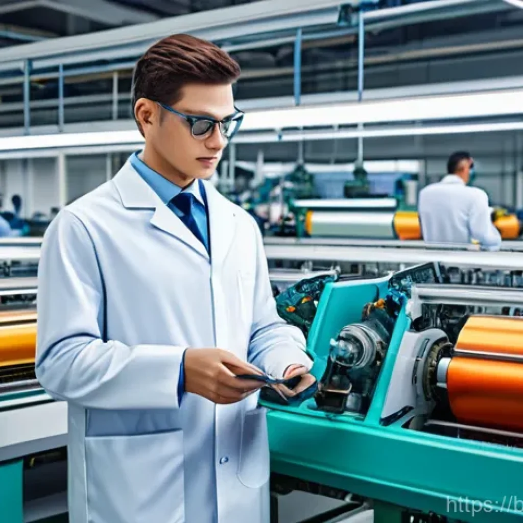 섬유기사 취업 성공담 - **Prompt:** A vibrant and dynamic depiction of a modern, automated textile factory floor. High-resol...