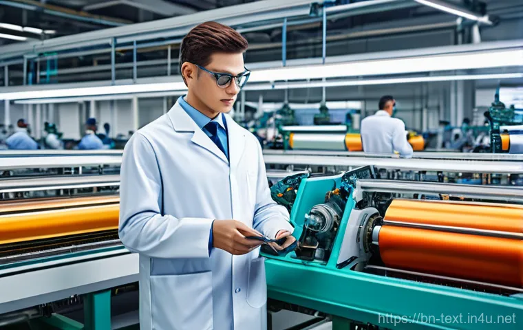 섬유기사 취업 성공담 - **Prompt:** A vibrant and dynamic depiction of a modern, automated textile factory floor. High-resol...