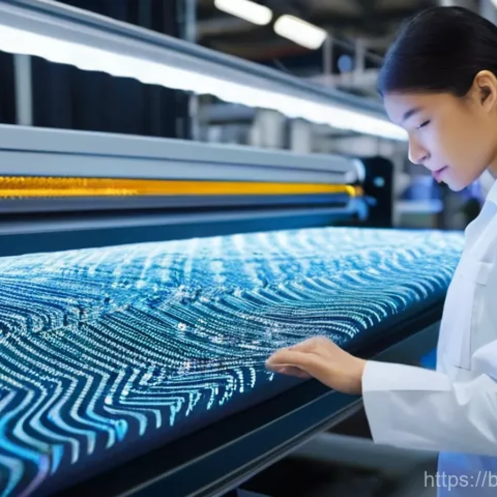 섬유기사와 자격증 취득의 중요성 - **Prompt:** A dynamic, brightly lit, and ultra-modern textile manufacturing floor. A diverse group o...