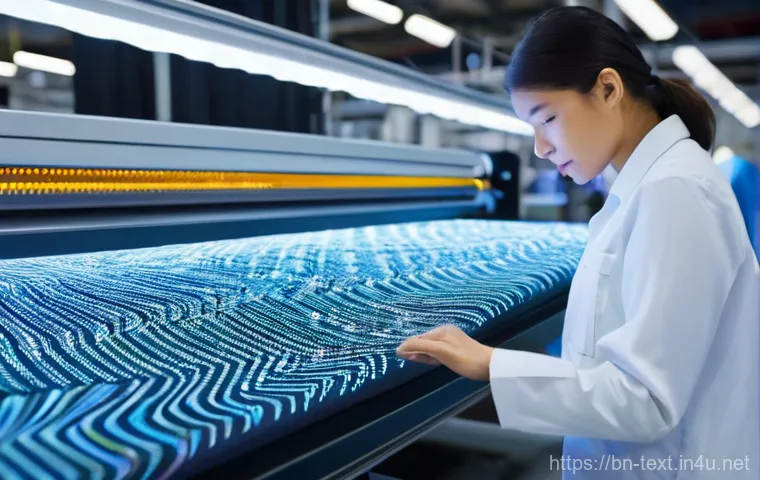 섬유기사와 자격증 취득의 중요성 - **Prompt:** A dynamic, brightly lit, and ultra-modern textile manufacturing floor. A diverse group o...