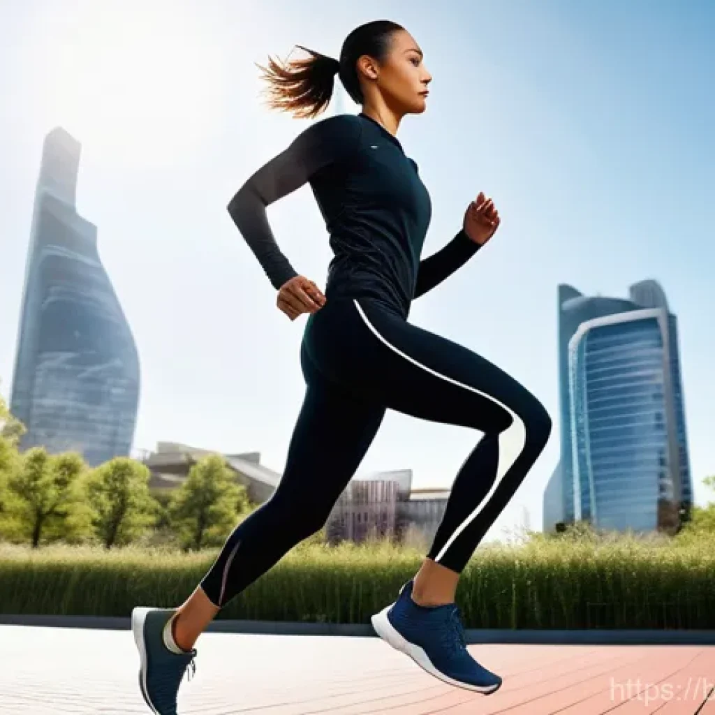 섬유기사 필기시험의 예상 문제 - **Prompt:** A dynamic, full-body shot of a female athlete, mid-stride during a morning run in a futu...