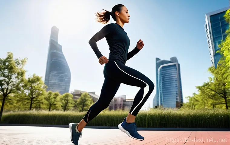 섬유기사 필기시험의 예상 문제 - **Prompt:** A dynamic, full-body shot of a female athlete, mid-stride during a morning run in a futu...