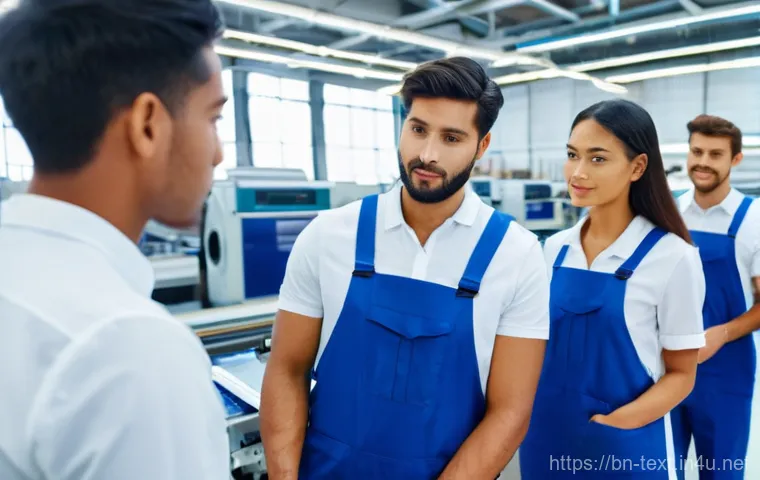 섬유기사 자격증으로 취업 사례 - **Prompt:** A diverse group of young, successful textile engineers (men and women, 28-35 years old) ...