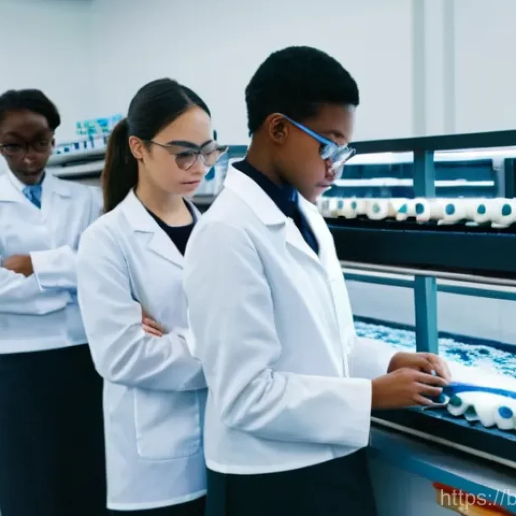 섬유기사 실기시험 합격률 - **Prompt:** A diverse group of young male and female textile engineering students, all wearing clean...