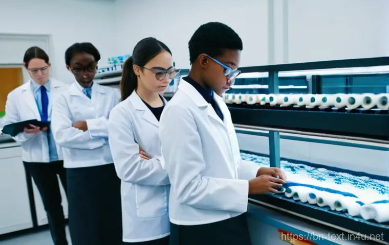 섬유기사 실기시험 합격률 - **Prompt:** A diverse group of young male and female textile engineering students, all wearing clean...