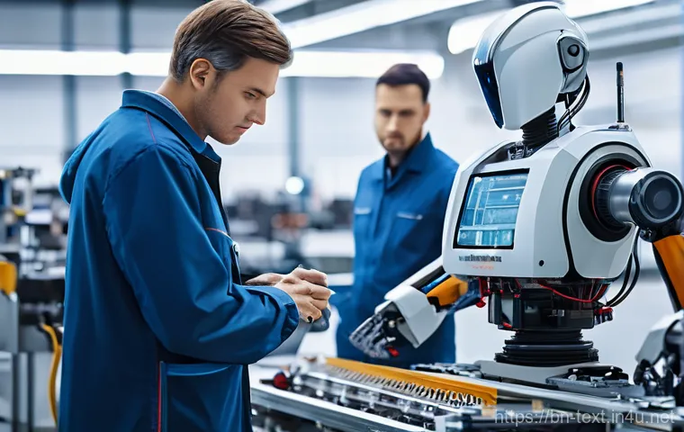 섬유기사와 자격증 취득의 가치 - 0 setup. The engineer appears to be programming or monitoring the robot's tasks, demonstrating the c...