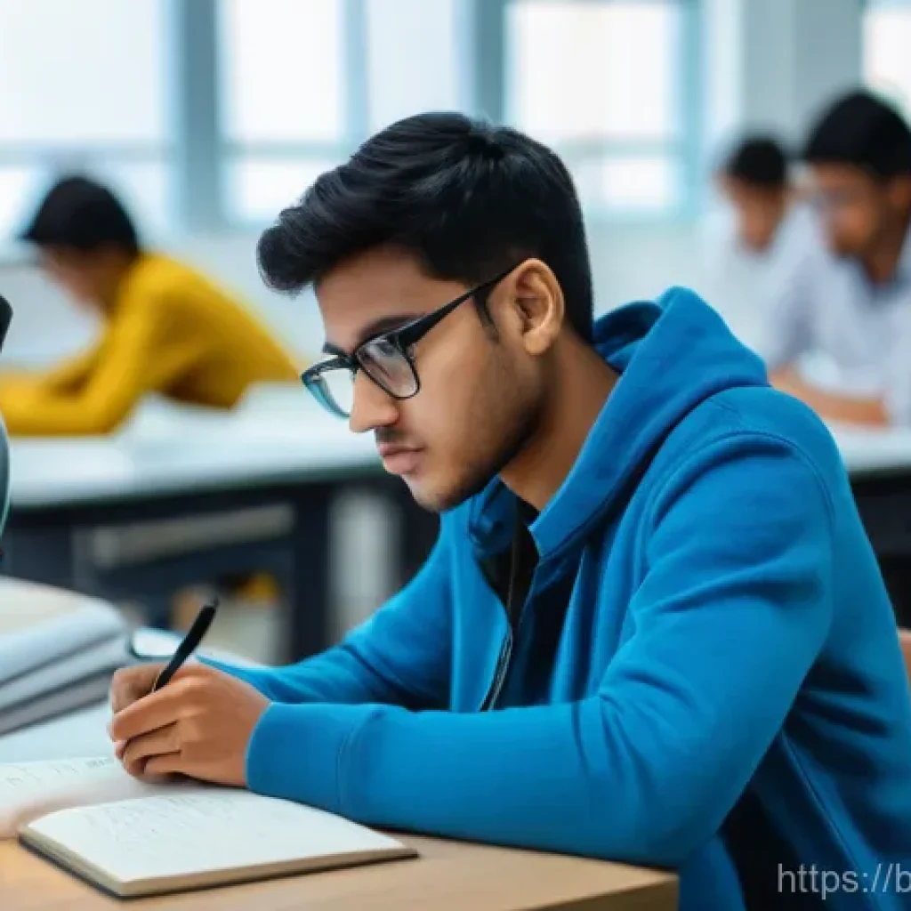 섬유기사 필기시험의 중요성 - **Prompt:** A focused and diligent young textile engineering student, of South Asian descent, studyi...