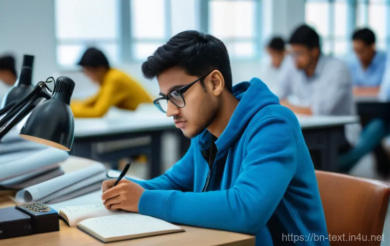 섬유기사 필기시험의 중요성 - **Prompt:** A focused and diligent young textile engineering student, of South Asian descent, studyi...