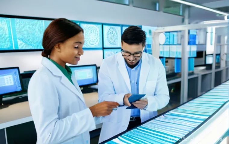 섬유기사와 자격증 취득의 실질적 효과 - A group of diverse, professional textile engineers (both male and female) in a modern, brightly lit ...